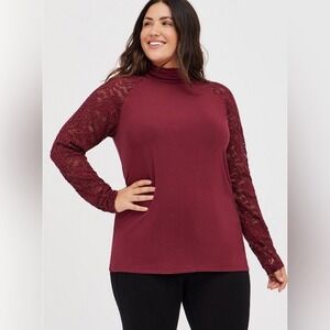 NWT Torrid Super Soft Mock Neck Lace Sleeve Top in Red Size 2/2X/18-20 $45.50